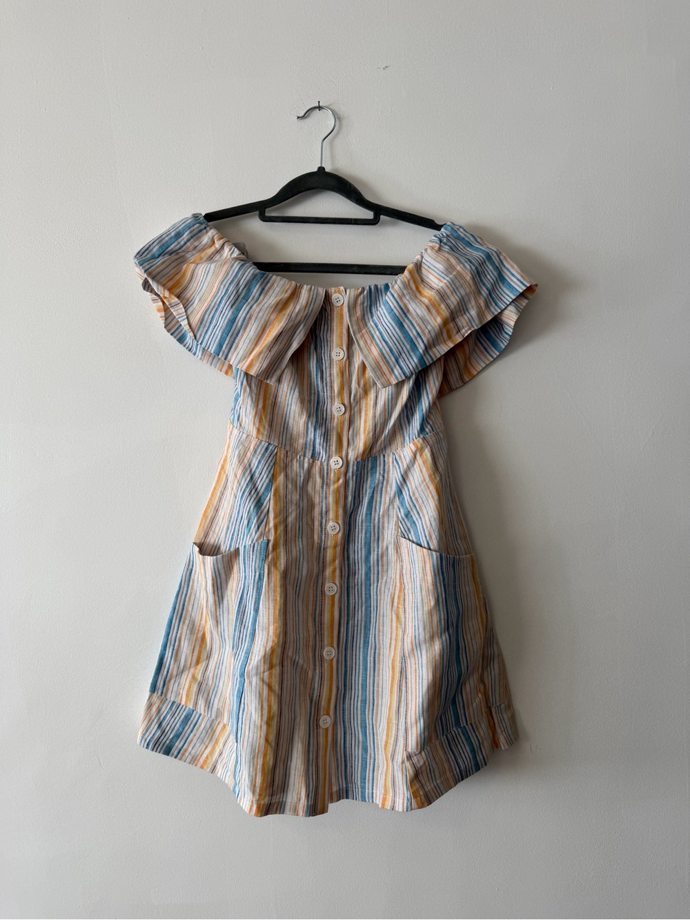 Reformation Striped Off-Shoulder Mini Linen Dress in Blue and Yellow